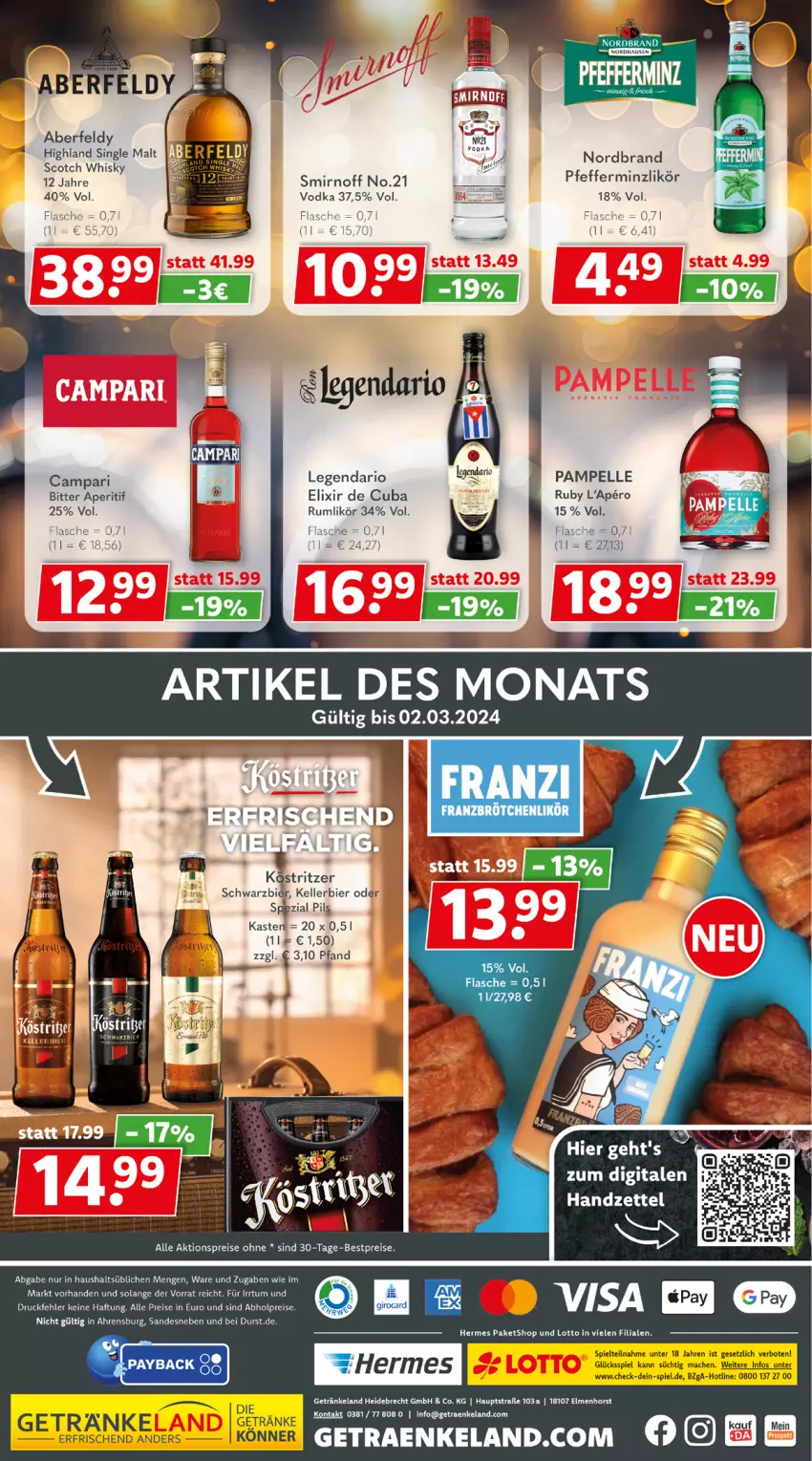 Aktueller Prospekt Getraenkeland - von 19.02 bis 02.03.2024 - strona 6 - produkty: abholpreise, aktionspreis, aperitif, bestpreis, bestpreise, bier, brötchen, campari, eis, Elan, elle, flasche, getränk, getränke, kellerbier, köstritzer, likör, mac, nordbrand, payback, pils, reis, rum, scotch, scotch whisky, single malt, smirnoff, Spezi, Ti, vodka, whisky