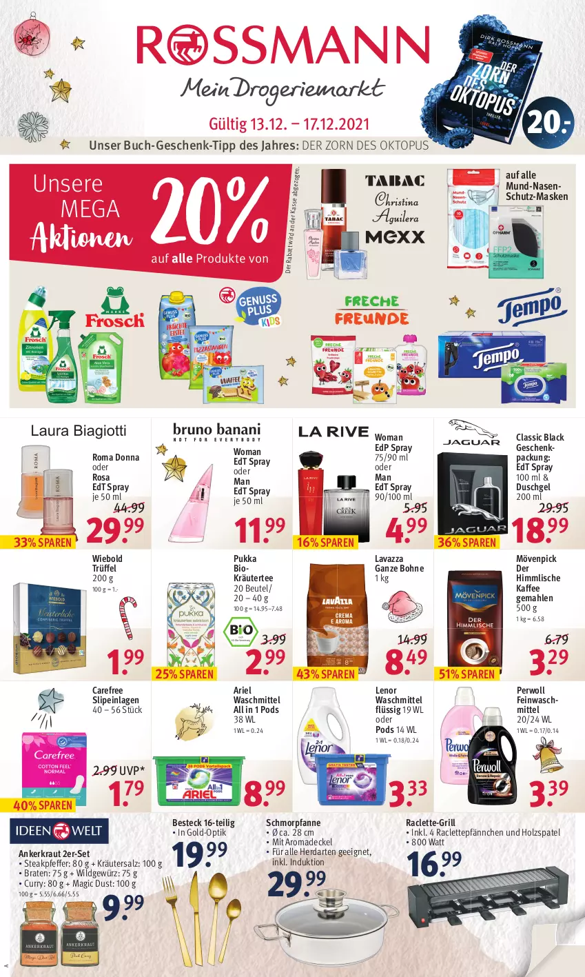 Aktueller Prospekt Rossmann - Prospekte - von 13.12 bis 17.12.2021 - strona 1 - produkty: ariel, ariel waschmittel, besteck, beutel, bio, bohne, braten, buch, carefree, curry, decke, Deckel, duschgel, edp spray, edt spray, feinwaschmittel, geschenkpackung, gewürz, grill, herdarten, Holz, kaffee, Kraut, kräuter, lack, lavazza, lavazza ganze bohne, lenor, lenor waschmittel, Maske, mövenpick, perwoll, pfanne, pfeffer, Pods, salz, schmorpfanne, slip, slipeinlagen, steak, tee, Ti, Trüffel, waschmittel, Wild