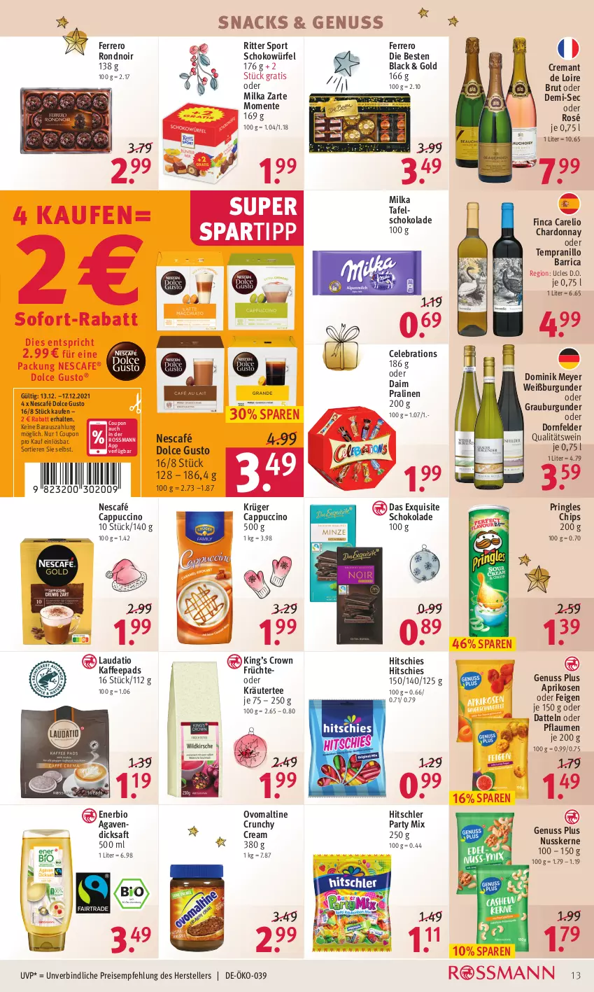 Aktueller Prospekt Rossmann - Prospekte - von 13.12 bis 17.12.2021 - strona 13 - produkty: agaven, aprikose, aprikosen, bio, brut, burgunder, Cap, cappuccino, chardonnay, chips, cin, coupon, daim, Datteln, dicksaft, dolce gusto, dornfelder, eis, elle, ente, Feigen, ferrero, früchte, grauburgunder, hitschler, kaffee, kaffeepads, kräuter, krüger, lack, milka, nescafe, Nescafé, nuss, oder kräuter, ovomaltine, pflaume, pflaumen, pralinen, pringles, qualitätswein, reis, rel, ring, ritter, ritter sport, saft, salomon, schoko, schokolade, schokowürfel, snack, snacks, sofort-rabatt, spartipp, Sport, tafelschokolade, tee, teller, tempranillo, Ti, Tiere, wein, Weißburgunder, würfel