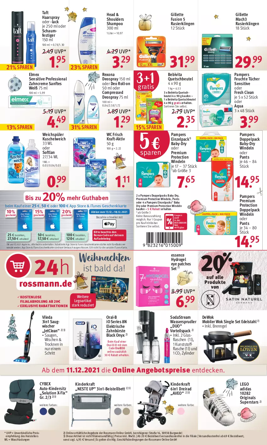 Aktueller Prospekt Rossmann - Prospekte - von 13.12 bis 17.12.2021 - strona 16 - produkty: Adidas, angebot, angebote, angebotspreis, Apple, aqua, auto, aveo, baby-dry, Bau, bebivita, bett, beutel, bürste, coupon, creme, decke, deo, deo roll-on, deospray, deospray 150 ml, Dreirad, edelstahl, eis, elektrische zahnbürste, elle, elmex, erde, feuchte tücher, flasche, gillette, gin, glasflasche, haarspray, Kinder, Kindersitz, kraft, Kuschelweich, lack, LG, mac, mach3, ndk, oder deo roll-on, oder schaumfestiger, oral-b, oralb, pampers, Pants, quetschbeutel, Rasierklinge, rasierklingen, reis, rexona, Ria, roll-on, rwe, schaumfestiger, shampoo, Soda, sodastream, Softlan, Taft, teller, Ti, Tiere, tücher, versandkostenfrei, vileda, vita, wasser, wassersprudler, wc frisch, wedel, weichspüler, weihnachten, windeln, windeln oder pants, wok, zahnbürste, zahncreme