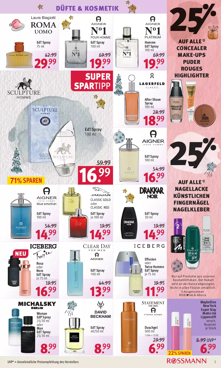 Aktueller Prospekt Rossmann - Prospekte - von 13.12 bis 17.12.2021 - strona 5 - produkty: after shave, alterra, duschgel, edp spray, edt spray, eis, elle, kleber, kosmetik, lack, Lacke, laura biagiotti, Lippenstift, Make-up, Maybelline, Nagellack, nero, Nuance, reis, rouge, spartipp, teller, Ti, Yo