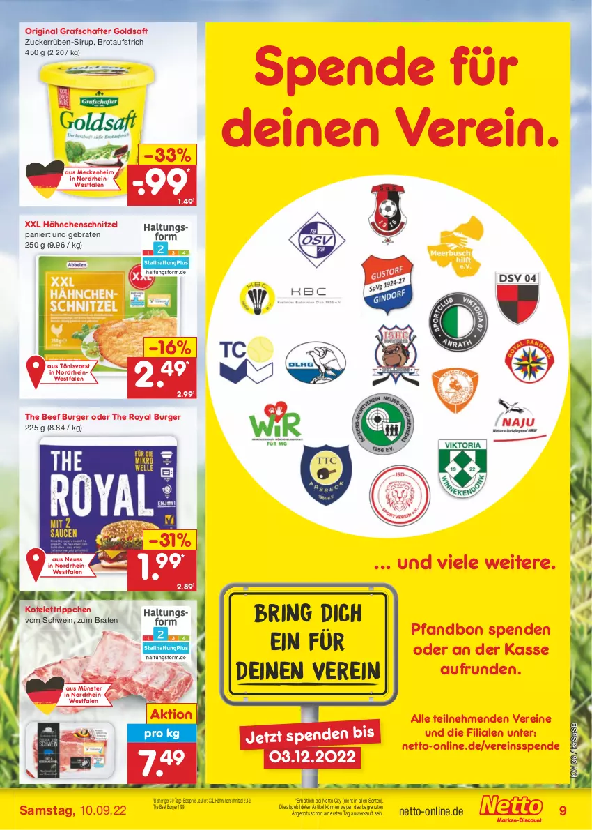 Aktueller Prospekt Netto Marken-Discount - Filial-Angebote - von 05.09 bis 10.09.2022 - strona 9 - produkty: angebot, aufstrich, beef, bestpreis, braten, brot, brotaufstrich, burger, eis, gin, goldsaft, grafschafter, Hähnchenschnitzel, kotelett, reis, ring, saft, schnitzel, schwein, sirup, Ti, usb, wein, ZTE, zucker