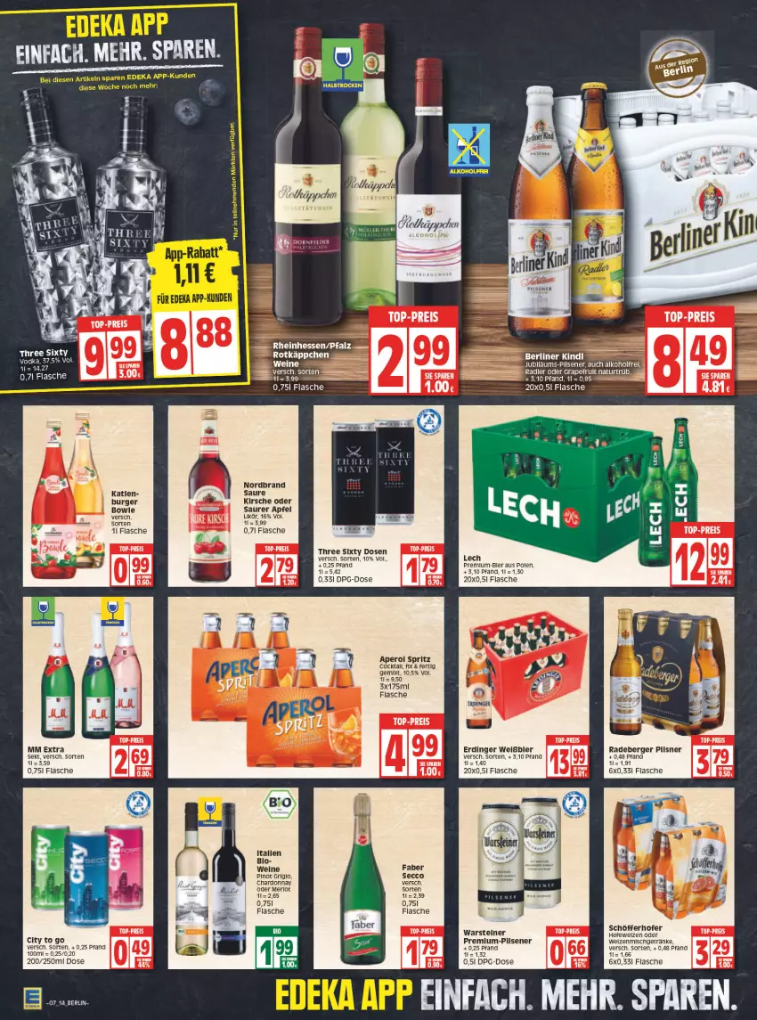 Aktueller Prospekt Edeka - Angebote der Woche - von 14.02 bis 19.02.2022 - strona 14 - produkty: aperol, apfel, Berger, berliner, bio, burger, chardonnay, ecco, eis, erdinger, flasche, getränk, getränke, grapefruit, Hefe, kirsch, kirsche, likör, merl, merlot, mm extra, nordbrand, pils, pilsener, pilsner, Pinot, pinot grigio, radeberger, radeberger pilsner, radler, reis, rotkäppchen, schöfferhofer, sekt, steiner, Three Sixty, Ti, top-preis, warsteiner, wein, weine, Yo