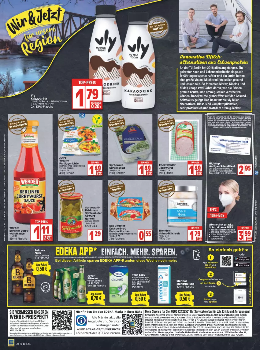 Aktueller Prospekt Edeka - Angebote der Woche - von 14.02 bis 19.02.2022 - strona 16 - produkty: angebot, angebote, Becher, berliner, brot, cola, curry, deka, dessert, drink, eis, elle, ente, erbsen, erde, fertiggericht, fertiggerichte, flasche, gewürz, gsw, gurke, gurken, gurkensalat, HP, jagdwurst, kakao, Knusperlinchen, lebensmittel, LG, Liege, milch, mundspülung, papier, reis, rel, rwe, sahne, salat, sauce, Schal, Schale, spreewälder, spülung, telefon, Tena Lady, Ti, top-preis, uhr, wurst