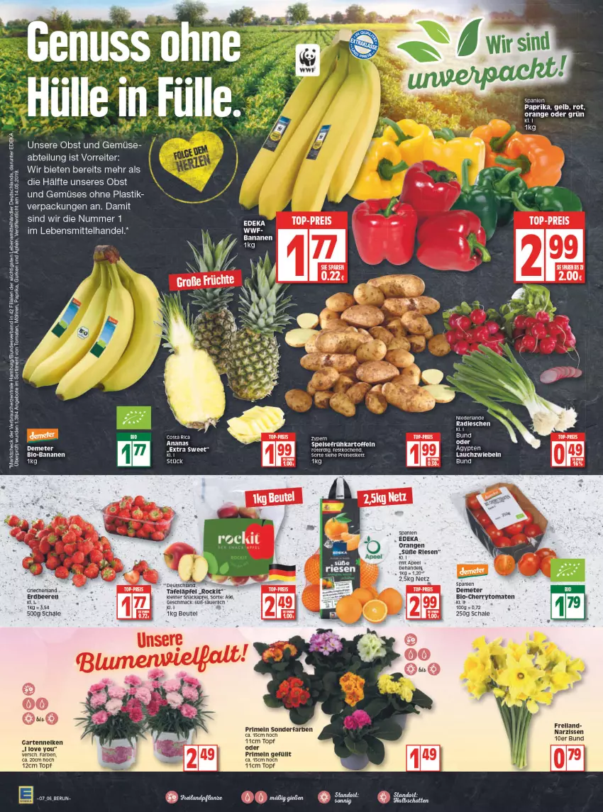 Aktueller Prospekt Edeka - Angebote der Woche - von 14.02 bis 19.02.2022 - strona 6 - produkty: Abtei, ananas, angebot, angebote, apfel, asti, banane, bananen, beere, beeren, beutel, bio, bio-bananen, cherrytomaten, deka, eis, erdbeere, erdbeeren, Frühkartoffeln, Garten, gartennelke, gurke, gurken, kartoffel, kartoffeln, Lauchzwiebel, lauchzwiebeln, lebensmittel, leine, mac, möhren, Narzissen, obst, Obst und Gemüse, orange, orangen, paprika, Primeln, Rauch, reis, rel, Schal, Schale, snack, speisefrühkartoffeln, tafeläpfel, Ti, tomate, tomaten, top-preis, topf, und gemüse, Yo, zwiebel, zwiebeln