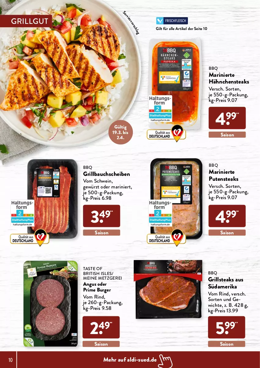 Aktueller Prospekt AldiSud - ALDI Grillen - von 24.03 bis 30.04.2022 - strona 10 - produkty: aldi, Bau, bauchscheiben, burger, eis, fleisch, gewürz, grill, Grillbauch, Hähnchensteak, hähnchensteaks, LG, pute, putensteaks, reis, rind, schwein, steak, steaks, Ti, wein