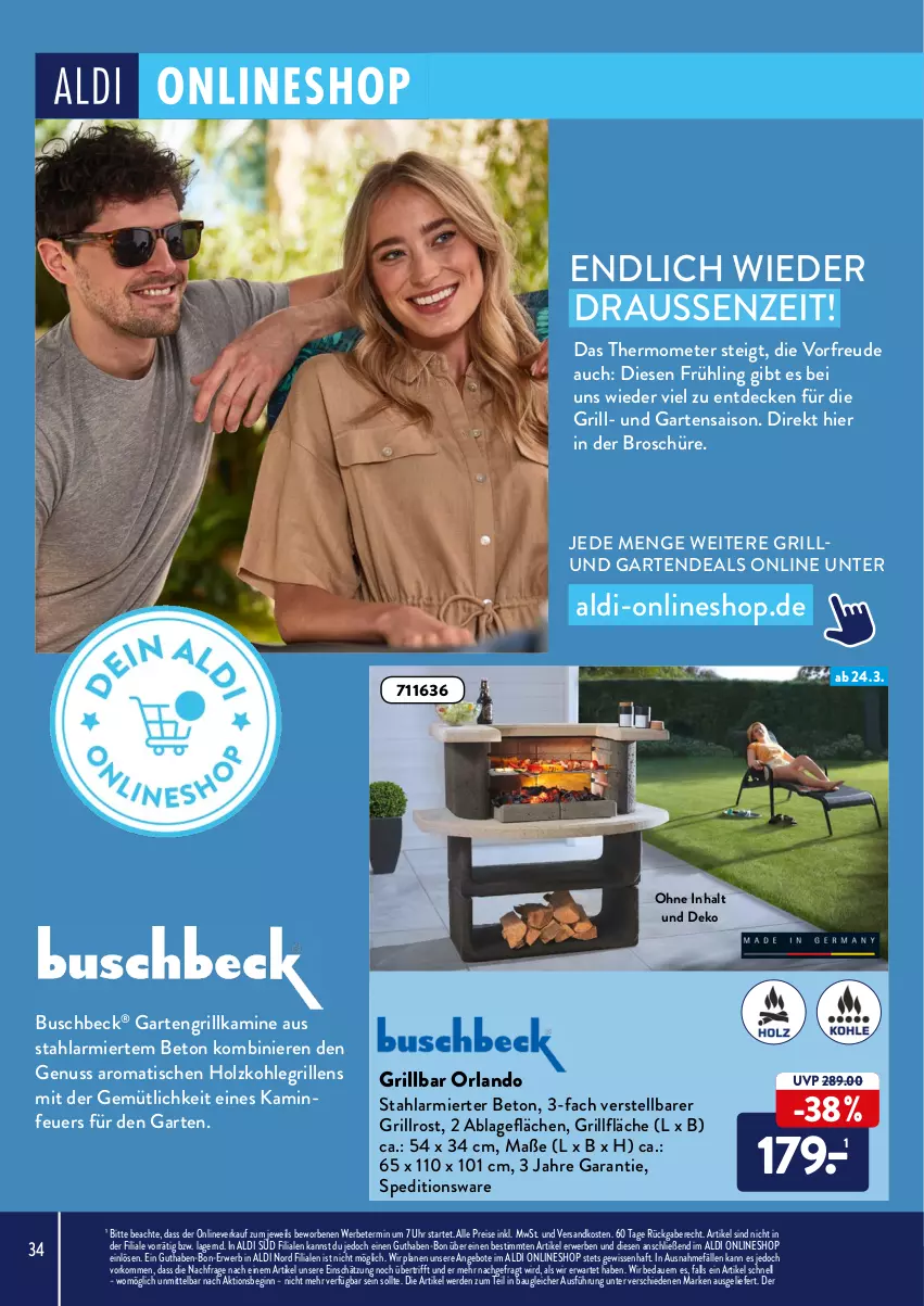 Aktueller Prospekt AldiSud - ALDI Grillen - von 24.03 bis 30.04.2022 - strona 34 - produkty: aldi, angebot, angebote, auer, Bau, decke, eis, erde, Garten, gin, grill, grillfläche, grillrost, Holz, holzkohle, holzkohlegrill, Kamin, Kohlegrill, ndk, nuss, reis, rwe, thermometer, Ti, tisch, uhr