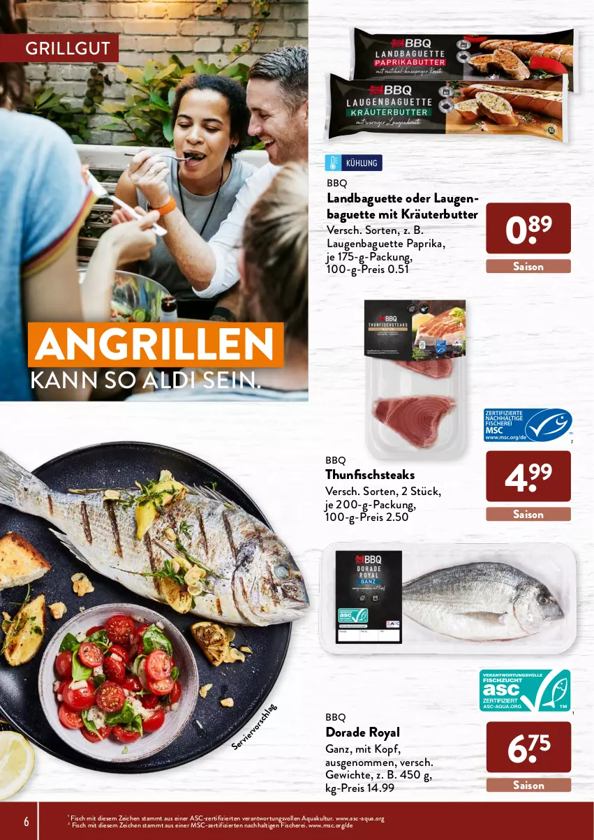 Aktueller Prospekt AldiSud - ALDI Grillen - von 24.03 bis 30.04.2022 - strona 6 - produkty: aldi, aqua, baguette, butter, Dorade, dorade royal, eis, fisch, fische, Fischer, grill, kräuter, kräuterbutter, LG, paprika, reis, Schere, steak, steaks, thunfisch, Ti