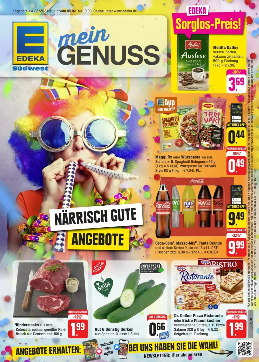 Aktueller Prospekt Edeka - Prospekte - von 03.02 bis 10.02.2024 - strona 1 - produkty: angebot, angebote, bolognese, coca-cola, cola, deka, Dr. Oetker, eis, fanta, flammkuchen, flasche, fleisch, gurke, gurken, kaffee, kuchen, lamm, maggi, maggi fix, melitta, orange, pizza, rind, rinder, Rindersteak, ristorante, spaghetti, spaghetti bolognese, steak, steaks, südwest, Ti