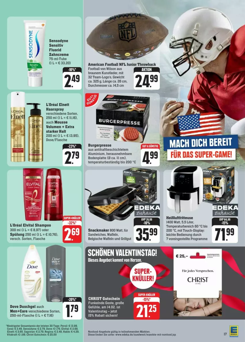 Aktueller Prospekt Edeka - Prospekte - von 03.02 bis 10.02.2024 - strona 25 - produkty: angebot, angebote, ball, Bodenplatte, braun, burger, Coral, creme, deka, dove, duschgel, eis, elnett, elvital, flasche, fritteuse, gin, grill, gutschein, haarspray, hakle, Heißluftfritteuse, kraft, l'oreal, latte, LG, messer, mousse, persil, reis, sagrotan, sandwich, sensodyne, shampoo, snack, spülung, Ti, vita, waffeln, zahncreme