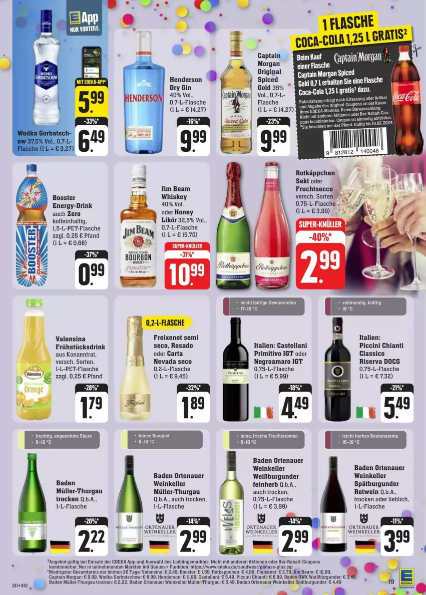 Aktueller Prospekt Edeka - Prospekte - von 03.02 bis 10.02.2024 - strona 27 - produkty: amaro, angebot, auer, Bad, burgunder, Cap, captain morgan, chia, chianti, cin, classico, coca-cola, cola, deka, drink, dry gin, ecco, eier, eis, elle, enders, flasche, freixenet, frucht, fruchtsecco, gin, Gorbatschow, jim beam, likör, Müller, Müller-Thurgau, nuss, original spiced gold, ortenauer, pet-flasche, primitivo, reis, riserva, rotkäppchen, rotwein, sekt, spätburgunder, Ti, valensina, wein, Weißburgunder, whiskey, wodka, ZTE