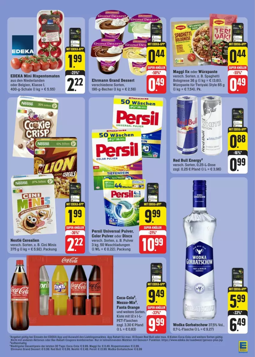 Aktueller Prospekt Edeka - Prospekte - von 03.02 bis 10.02.2024 - strona 35 - produkty: angebot, Becher, bolognese, cin, coca-cola, cola, coupon, coupons, deka, dessert, ehrmann, Ehrmann Grand Dessert, eis, fanta, flasche, Gorbatschow, LG, maggi, maggi fix, Müller, nuss, persil, pet-flasche, pet-flaschen, rabatt-coupon, red bull, reis, rispentomaten, Schal, Schale, spaghetti, Ti, tomate, tomaten, universal pulver, wodka, ZTE