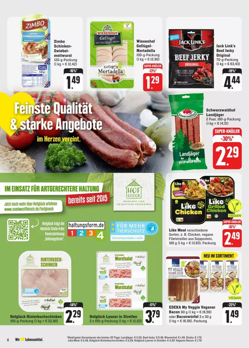 Aktueller Prospekt Edeka - Prospekte - von 03.02 bis 10.02.2024 - strona 6 - produkty: bacon, beef, deka, dell, eier, eis, filet, filets, Geflügel, gin, hinterkochschinken, kochschinken, landjäger, lebensmittel, Like Meat, lyoner, Mett, mettwurst, mortadella, reifen, reis, salat, schinken, soja, Ti, veggie, wiesenhof, würfel, wurst, Yo, zimbo, ZTE, zwiebel