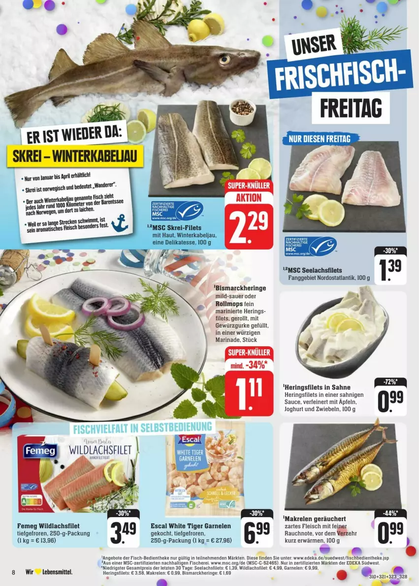 Aktueller Prospekt Edeka - Prospekte - von 03.02 bis 10.02.2024 - strona 8 - produkty: angebot, angebote, auer, bismarck, deka, eis, escal, femeg, filet, filets, fisch, fische, Fischer, fleisch, garnelen, gewürz, Gewürzgurke, gurke, hering, Herings, heringsfilets, joghur, joghurt, lachs, lachsfilet, lebensmittel, Makrele, marinade, pril, Rauch, reis, rel, ring, sahne, sauce, Schere, südwest, Ti, Wild, wildlachs, ZTE, zwiebel, zwiebeln