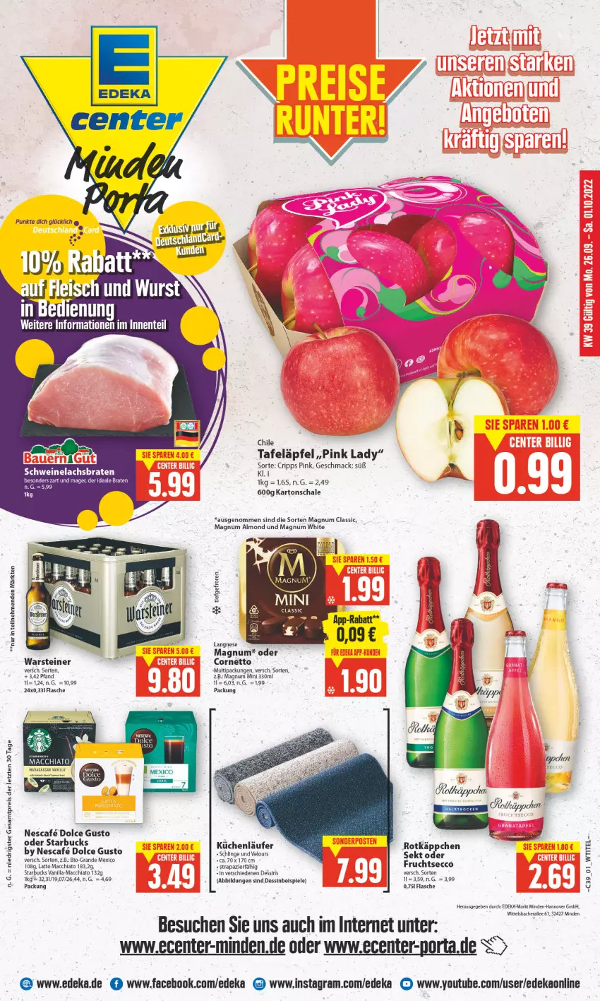 Aktueller Prospekt E Center - Angebote der Woche - von 26.09 bis 01.10.2022 - strona 1 - produkty: ACC, braten, cornetto, deka, dolce gusto, ecco, eis, ente, flasche, frucht, fruchtsecco, küche, Küchen, lachs, Lachsbraten, langnese, latte, Läufer, mac, magnum, Magnum Mini, nescafe, Pink Lady, reis, rotkäppchen, Schal, Schale, schwein, schweine, Schweinelachs, sekt, Spiele, starbucks, steiner, tafeläpfel, Ti, warsteiner, wein, weine, Yo, ZTE