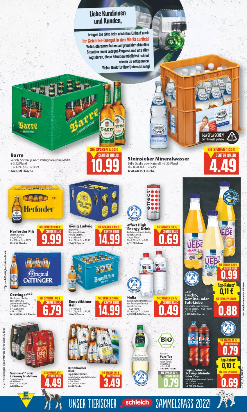 Aktueller Prospekt E Center - Angebote der Woche - von 26.09 bis 01.10.2022 - strona 12 - produkty: alkohol, Alwa, Benediktiner, bier, bierspezialitäten, bio, cola, deka, drink, Effect, eis, elle, flasche, frucht, fruchtsäfte, getränk, glasflasche, Guinness, hella, Kilkenny, krombache, krombacher, mac, mineralwasser, Mirinda, mit frucht, natur, natürliches mineralwasser, Nektar, oettinger, pepsi, pfanne, Pfanner, pils, radler, reis, rel, rind, ring, säfte, Schleich, Spezi, Steinsieker, tee, Ti, wasser, ZTE