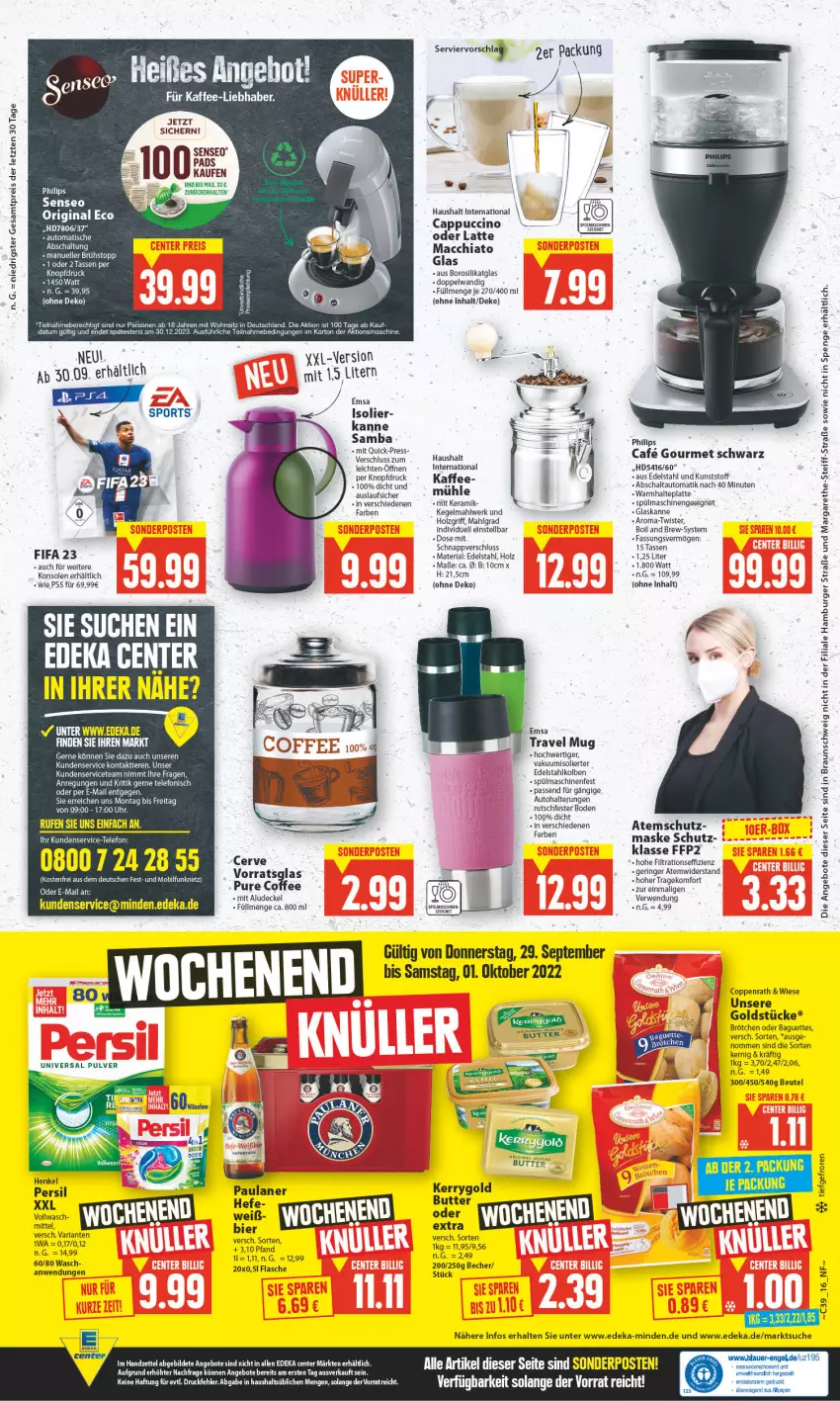 Aktueller Prospekt E Center - Angebote der Woche - von 26.09 bis 01.10.2022 - strona 16 - produkty: ACC, angebot, angebote, arla, auer, auto, baguette, baguettes, Becher, beutel, bier, braun, brötchen, burger, butter, Cap, chia, cin, coppenrath, decke, Deckel, deka, edelstahl, eis, elle, emsa, Engel, ente, FFP2, flasche, gin, Goldstücke, hamburger, Hefe, henkel, Holz, kaffee, kerrygold, latte, latte macchiato, LG, mac, macchiato, Maske, papier, Paula, paulaner, persil, Philips, reis, Ria, ring, rwe, Schal, senseo, sonderposten, Sport, spülmaschinen, tasse, tee, telefon, Ti, Tiere, travel mug, universal pulver, ZTE