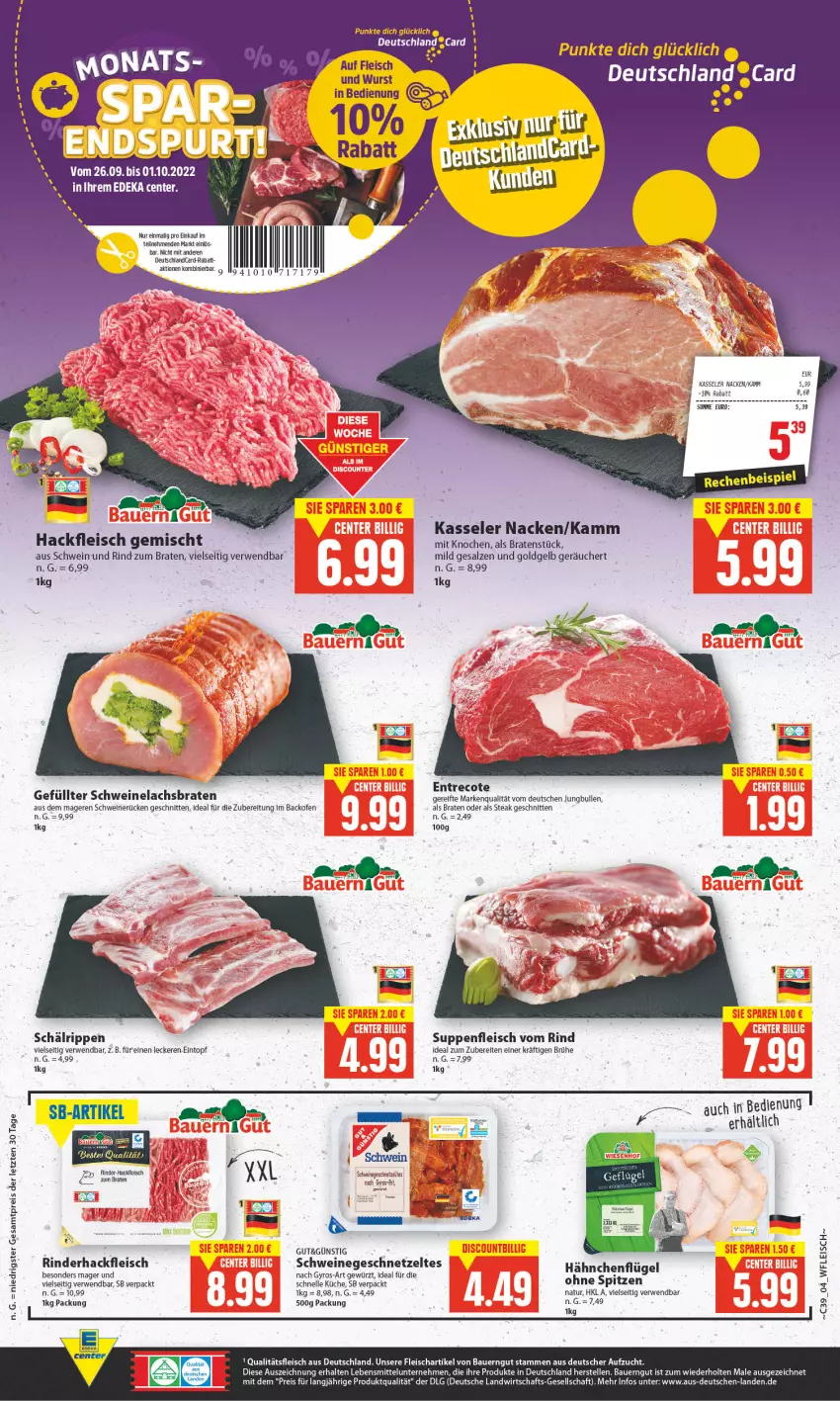 Aktueller Prospekt E Center - Angebote der Woche - von 26.09 bis 01.10.2022 - strona 4 - produkty: auer, backofen, Bau, Bauer, bauerngut, bett, braten, Brühe, deutschland card, deutschlandcard, eintopf, eis, elle, ente, fleisch, geschnetzeltes, gewürz, gyros, hackfleisch, hackfleisch gemischt, hähnchenflügel, jungbullen, kasseler, küche, lebensmittel, LG, natur, Ofen, reis, rel, rind, rinder, rinderhackfleisch, Rippen, rwe, salz, schnitten, schwein, schwein und rind, schweine, schweinerücken, steak, suppe, suppen, suppenfleisch, Ti, topf, wein, weine, wurst, Zelt, ZTE