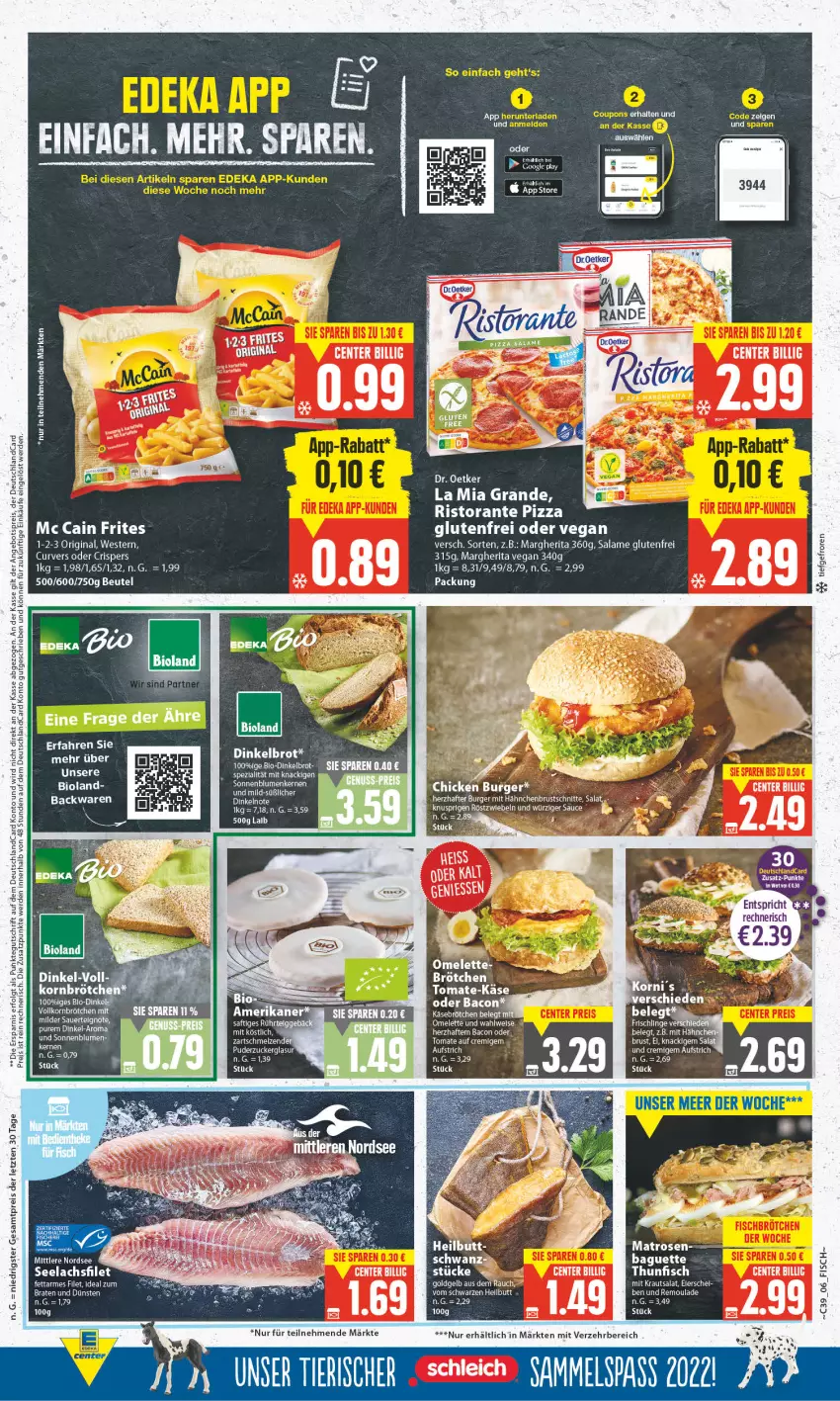 Aktueller Prospekt E Center - Angebote der Woche - von 26.09 bis 01.10.2022 - strona 6 - produkty: auer, aufstrich, backwaren, bacon, baguette, beutel, bio, bioland, blume, blumen, braten, brot, brötchen, burger, Dinkelbrot, eis, ente, filet, fisch, frischli, google play, hähnchenbrust, ideal zum braten, Käse, korn, Kraut, krautsalat, lachs, lachsfilet, LG, margherita, mc cain, pizza, Rauch, reis, remoulade, ristorante, ristorante pizza, rosen, röstzwiebeln, salat, sauce, seelachsfilet, sonnenblume, sonnenblumen, tee, Ti, tomate, tuc, ZTE, zucker, zwiebel, zwiebeln