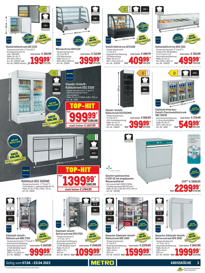 Aktueller Prospekt Metro - Profi Technik - von 07.04 bis 20.04.2022 - strona 3 - produkty: auto, Bau, Behälter, beleuchtung, edelstahl, eis, elle, flasche, gefrierschrank, geschirr, Glastür, küche, kühlschrank, Rauch, reis, Schrank, schubladen, teller, Ti, tisch, top-hit, vitrine, wasser, wasserenthärter