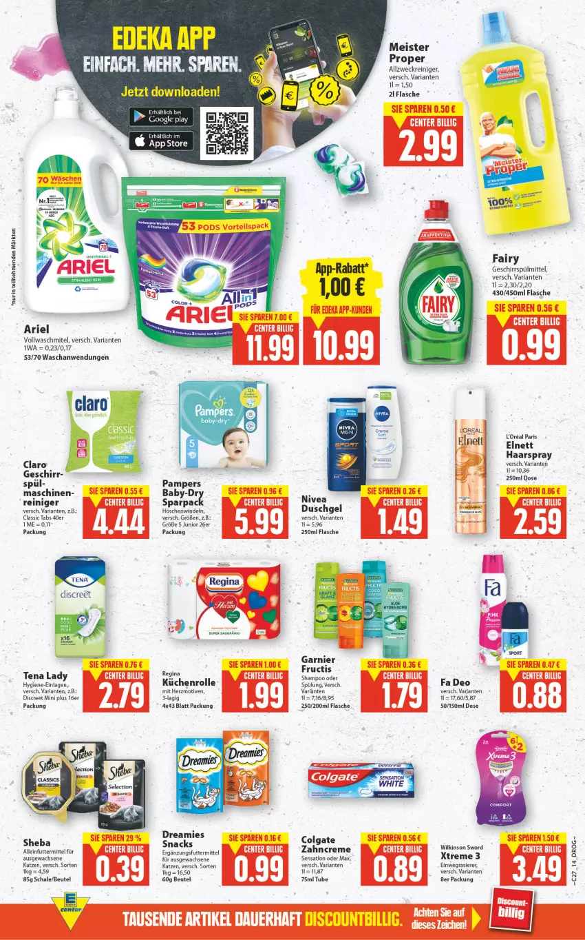 Aktueller Prospekt E Center - Angebote der Woche - von 04.07 bis 09.07.2022 - strona 13 - produkty: alleinfuttermittel, allzweckreiniger, ariel, beutel, colgate, creme, deo, Discreet, dreamies, einwegrasierer, eis, elnett, fairy, flasche, fructis, garnier, geschirr, geschirrspülmittel, gin, google play, haarspray, l'oreal, LG, loreal, Meister, meister proper, pampers, rasierer, reiniger, Ria, Schal, Schale, shampoo, sheba, snack, snacks, spülmittel, spülung, Tena Lady, Ti, weck, wilkinson, windeln