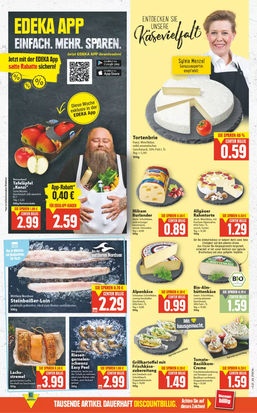 Aktueller Prospekt E Center - Angebote der Woche - von 04.07 bis 09.07.2022 - strona 3 - produkty: auer, basilikum, Bau, Bauer, bio, braten, brie, burlander, creme, decke, deka, doppelrahmstufe, eis, Elan, fisch, frischkäse, frischkäsezubereitung, garnelen, ideal zum braten, Käse, lachs, LG, mac, milch, milram, mit zwiebeln, Nordsee, nuss, Schal, Schale, schnittkäse, schnittlauch, schweizer schnittkäse, Steinbeißer, Ti, tisch, tomate, tomaten, torte, weichkäse, WICK, zwiebel, zwiebeln