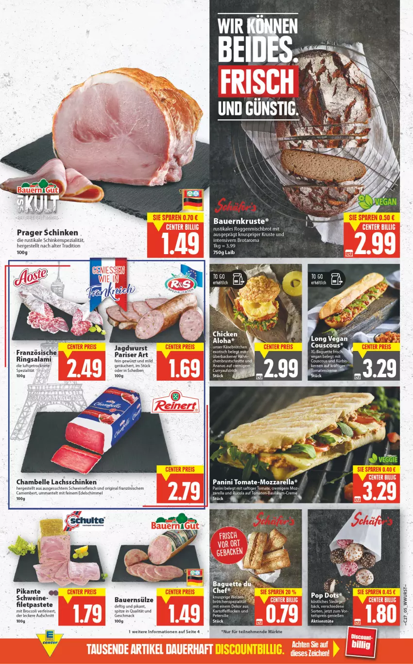 Aktueller Prospekt E Center - Angebote der Woche - von 04.07 bis 09.07.2022 - strona 5 - produkty: ananas, auer, aufschnitt, baguette, basilikum, Bau, Bauer, broccoli, brot, brötchen, camembert, cola, couscous, creme, eis, elle, ente, filet, fleisch, gewürz, gin, jagdwurst, kartoffel, Kürbis, lachs, lachsschinken, mac, Mantel, pastete, reis, rel, ring, rucola, saft, salami, schinken, schwein, schweine, schweinefleisch, Spezi, Ti, tomate, tomaten, wein, weine, wurst