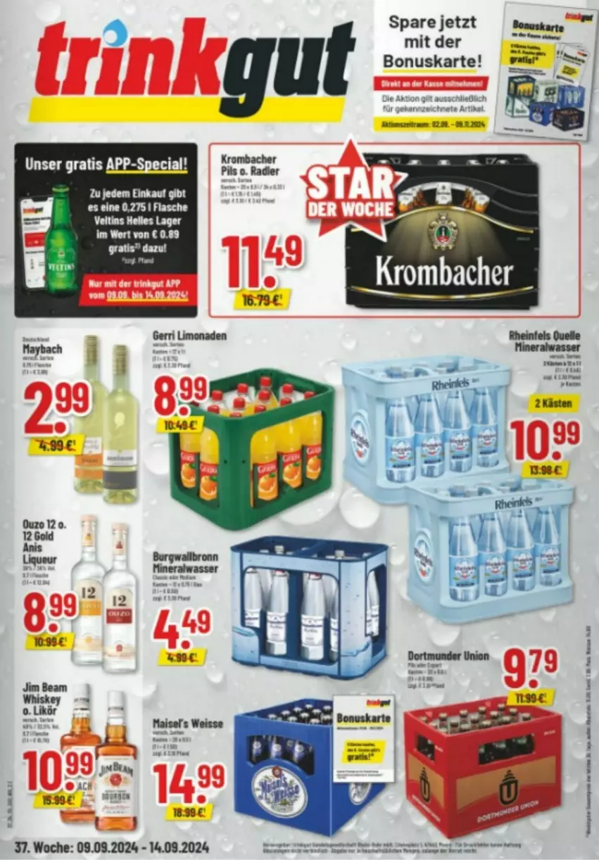 Aktueller Prospekt Trinkgut - Prospekte - von 09.09 bis 14.09.2024 - strona 1 - produkty: burgwallbronn, eis, elle, jim beam, krombache, likör, limo, limonade, limonaden, liqueur, mais, ouzo, ouzo 12, Ti, veltins, whiskey