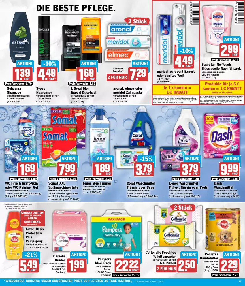 Aktueller Prospekt Aez - Prospekte - von 15.04 bis 20.04.2024 - strona 13 - produkty: Autan, binden, bio, biozidprodukte, Brei, camelia, Cap, Coral, cottonelle, coupon, coupons, duschgel, eis, elle, elmex, erde, feuchtes toilettenpapier, flasche, flüssigseife, gin, haarspray, kraft, lenor, lenor waschmittel, lenor weichspüler, meridol, pampers, papier, pasta, pedigree, Pods, Rauch, reiniger, reiniger gel, reis, rwe, sagrotan, schauma, schauma shampoo, Seife, shampoo, somat, spülmaschinen, spülmaschinentabs, syoss, Ti, Tiere, toilettenpapier, waschmittel, wc frisch, weichspüler, Yo, zahnpasta, ZTE