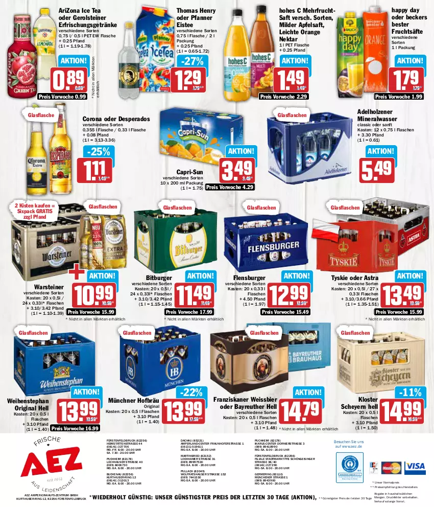 Aktueller Prospekt Aez - Prospekte - von 15.04 bis 20.04.2024 - strona 16 - produkty: adelholzener, AEZ, Alwa, apfel, apfelsaft, Astra, Beckers Bester, bier, bio, bitburger, buch, burger, Cap, capri-sun, corona, desperados, drucker, eis, eistee, elle, Engel, ente, erfrischungsgetränk, erfrischungsgetränke, fisch, flasche, flensburger, franziskaner, frucht, fruchtsaft, fruchtsäfte, Germ, gerolsteine, gerolsteiner, getränk, getränke, gin, glasflasche, Happy Day, Hohes C, Holz, ice tea, kerze, mineralwasser, Nektar, orange, perla, pfanne, Pfanner, reis, ring, rum, saft, säfte, steiner, tee, teller, thomas henry, Ti, tyskie, uhr, warsteiner, wasser, weihenstephan, weissbier, ZTE