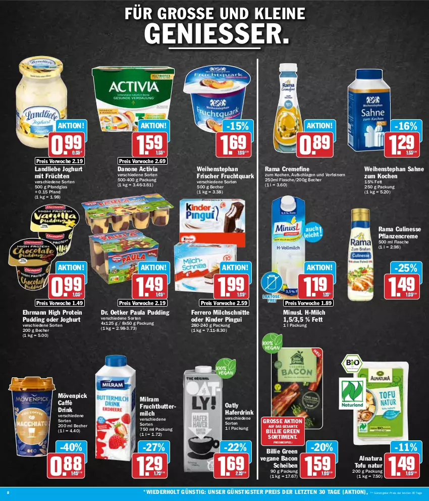 Aktueller Prospekt Aez - Prospekte - von 15.04 bis 20.04.2024 - strona 8 - produkty: activia, bacon, Becher, butter, buttermilch, creme, culinesse, danone, danone activia, Dr. Oetker, drink, ehrmann, eis, ferrero, flasche, frucht, früchte, früchten, Fruchtquark, hafer, Haferdrink, joghur, joghurt, Kinder, kinder pingui, landliebe, landliebe joghurt, leine, milch, Milchschnitte, milram, mövenpick, natur, natura, Paula, paula pudding, pflanze, pflanzen, pflanzencreme, pingui, pudding, quark, rama, rama cremefine, Rama Culinesse, reis, sahne, Ti, Tofu, weihenstephan, ZTE