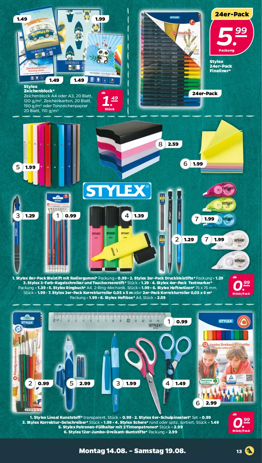 Aktueller Prospekt Netto - Woche 33 - von 14.08 bis 19.08.2023 - strona 13 - produkty: Bleistift, bleistifte, buch, buntstifte, eis, Fineliner, Füllhalter, jumbo, Kugel, kugelschreiber, papier, Pinsel, Pinselset, Radiergummi, ring, Roller, Schere, stifte, stylex, textmarker, Ti, Tintenpatrone, touchscreen, zeichenblock