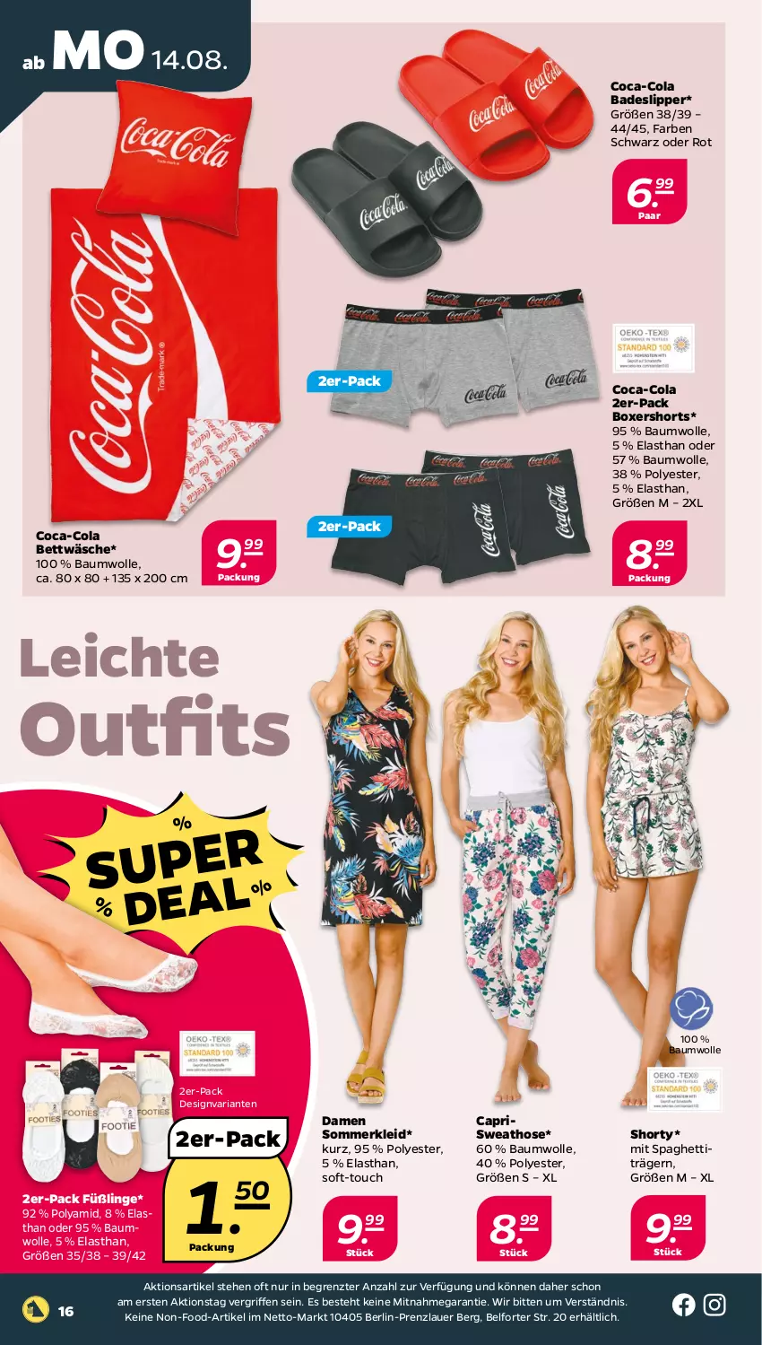 Aktueller Prospekt Netto - Woche 33 - von 14.08 bis 19.08.2023 - strona 16 - produkty: auer, Bad, Bau, baumwolle, bett, bettwäsche, Cap, coca-cola, cola, Füßlinge, hose, kleid, Ria, shorts, shorty, slip, Slipper, Sommerkleid, spaghetti, Sweathose, Ti, wolle, ZTE