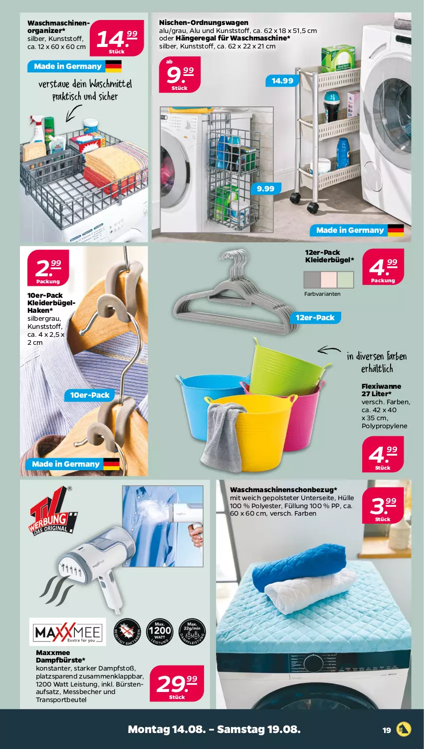 Aktueller Prospekt Netto - Woche 33 - von 14.08 bis 19.08.2023 - strona 19 - produkty: Becher, beutel, bügel, bürste, bürsten, eis, Germ, gsw, Hängeregal, kleid, kleider, kleiderbügel, Messbecher, regal, Ria, Sport, Ti, tisch, Wanne, waschmaschine, waschmaschinen, waschmittel