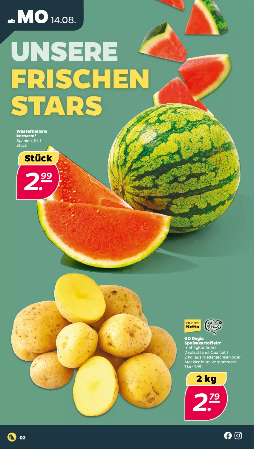 Aktueller Prospekt Netto - Woche 33 - von 14.08 bis 19.08.2023 - strona 2 - produkty: eis, kartoffel, kartoffeln, mehl, melone, sac, speisekartoffeln, wasser, wassermelone