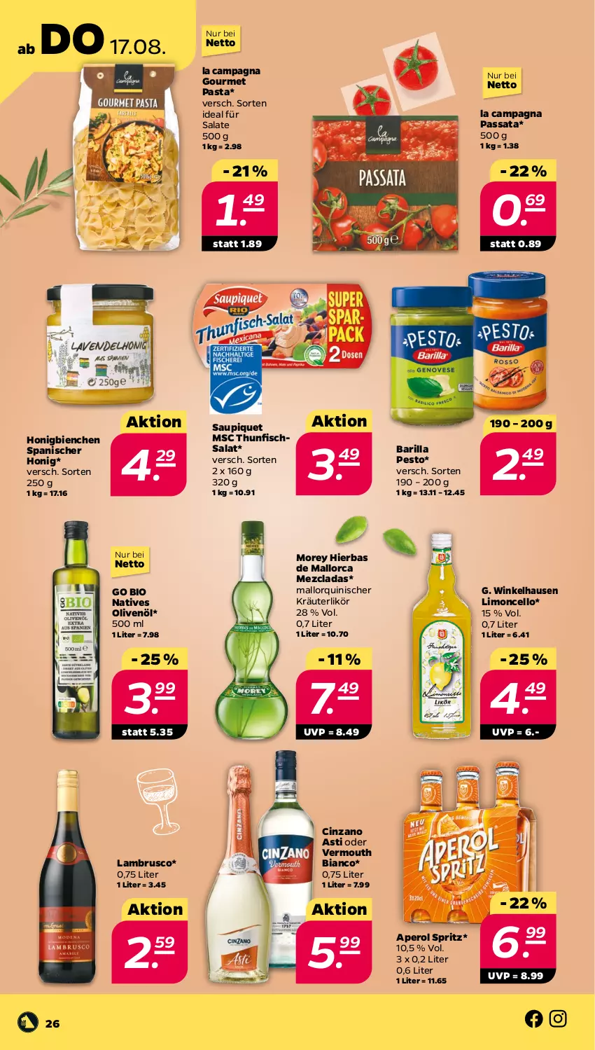 Aktueller Prospekt Netto - Woche 33 - von 14.08 bis 19.08.2023 - strona 26 - produkty: aperol, asti, barilla, bio, cin, cinzano, Cinzano Asti, fisch, honig, kräuter, kräuterlikör, Lambrusco, likör, limo, natives olivenöl, olive, oliven, olivenöl, pasta, pesto, salat, salate, saupiquet, thunfisch, Thunfischsalat, Ti, Vermouth, winkelhausen