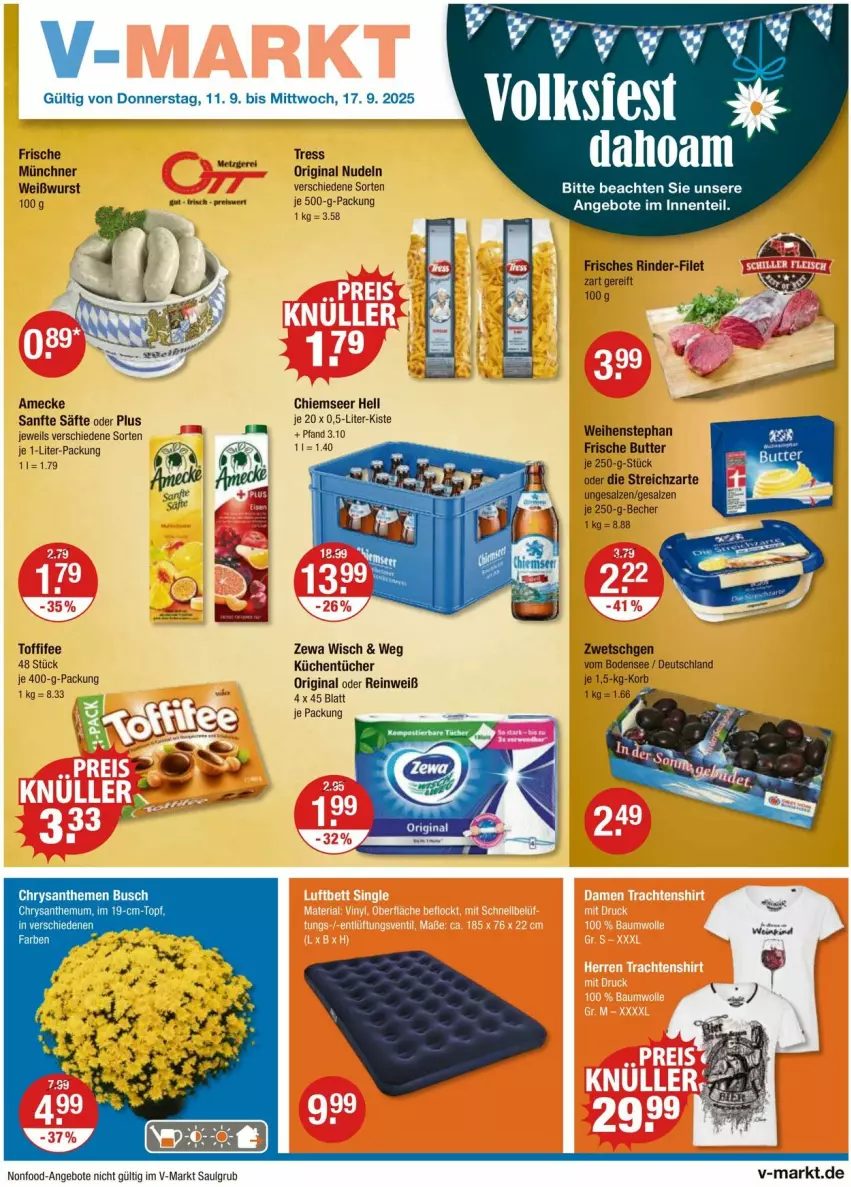 Aktueller Prospekt Vmarkt - Prospekte - von 11.09 bis 17.09.2025 - strona 1 - produkty: amecke, angebot, angebote, Becher, butter, chrysanthemen, eis, ente, filet, gin, korb, küche, Küchen, küchentücher, LG, nudel, nudeln, reis, rind, rinder, säfte, salz, Streichzart, Ti, toffifee, topf, tücher, weihenstephan, Weißwurst, wurst, zewa