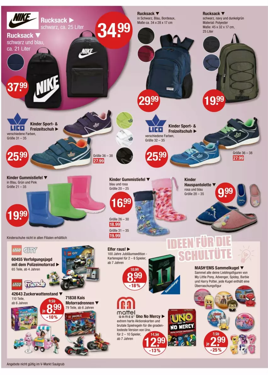 Aktueller Prospekt Vmarkt - Prospekte - von 11.09 bis 17.09.2025 - strona 22 - produkty: angebot, angebote, Barbie, brut, Gummistiefel, Jubiläums, Kartenspiel, Kinder, Kugel, LG, pantolette, Ria, rucksack, sac, schuhe, Spiele, Sport, Ti, zucker