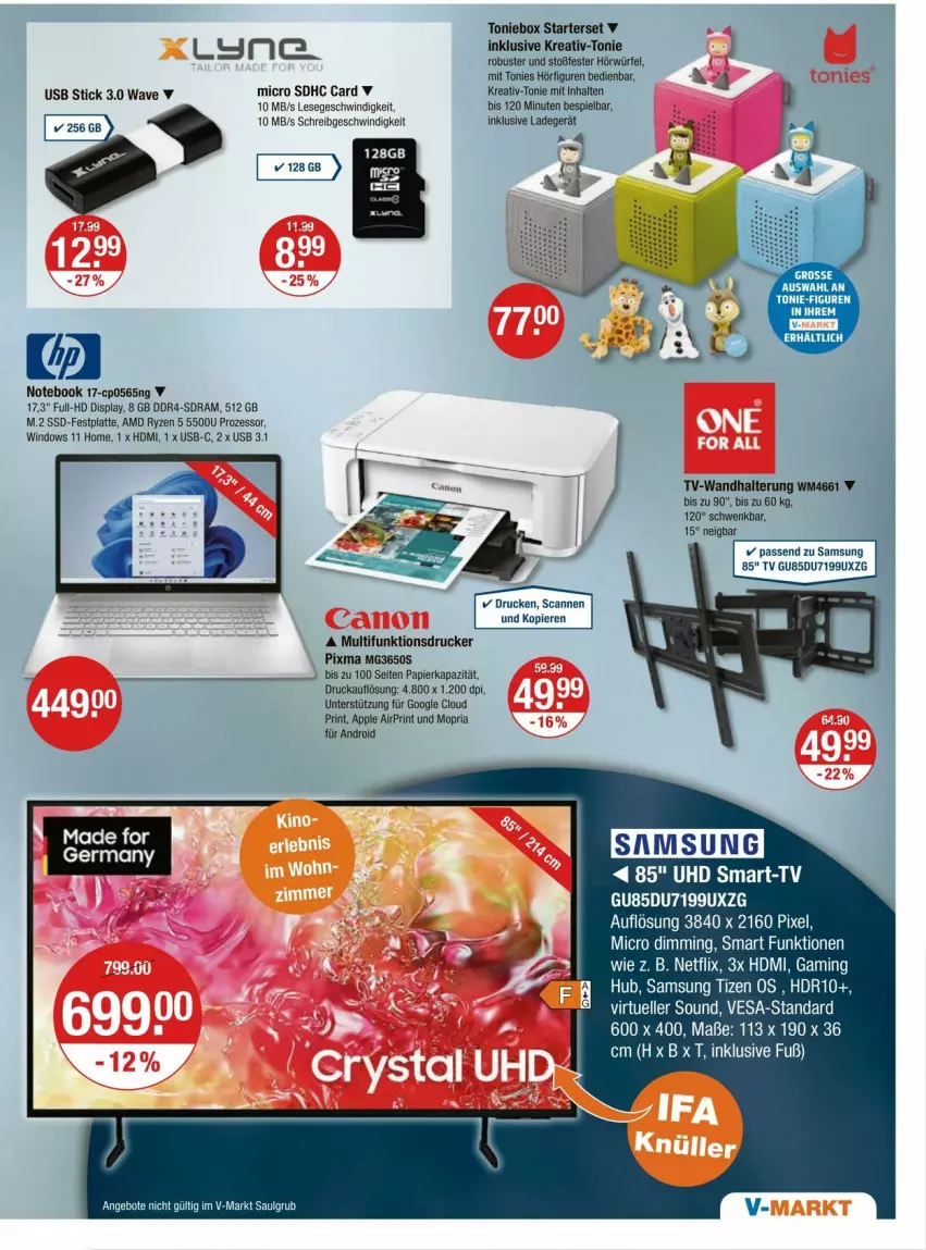 Aktueller Prospekt Vmarkt - Prospekte - von 11.09 bis 17.09.2025 - strona 25 - produkty: angebot, angebote, Apple, drucker, elle, festplatte, Germ, HDMI, ladegerät, latte, LG, multifunktionsdrucker, netflix, notebook, Ria, ryzen, Samsung, ssd, Ti, Toniebox, usb, usb stick, wandhalterung, würfel