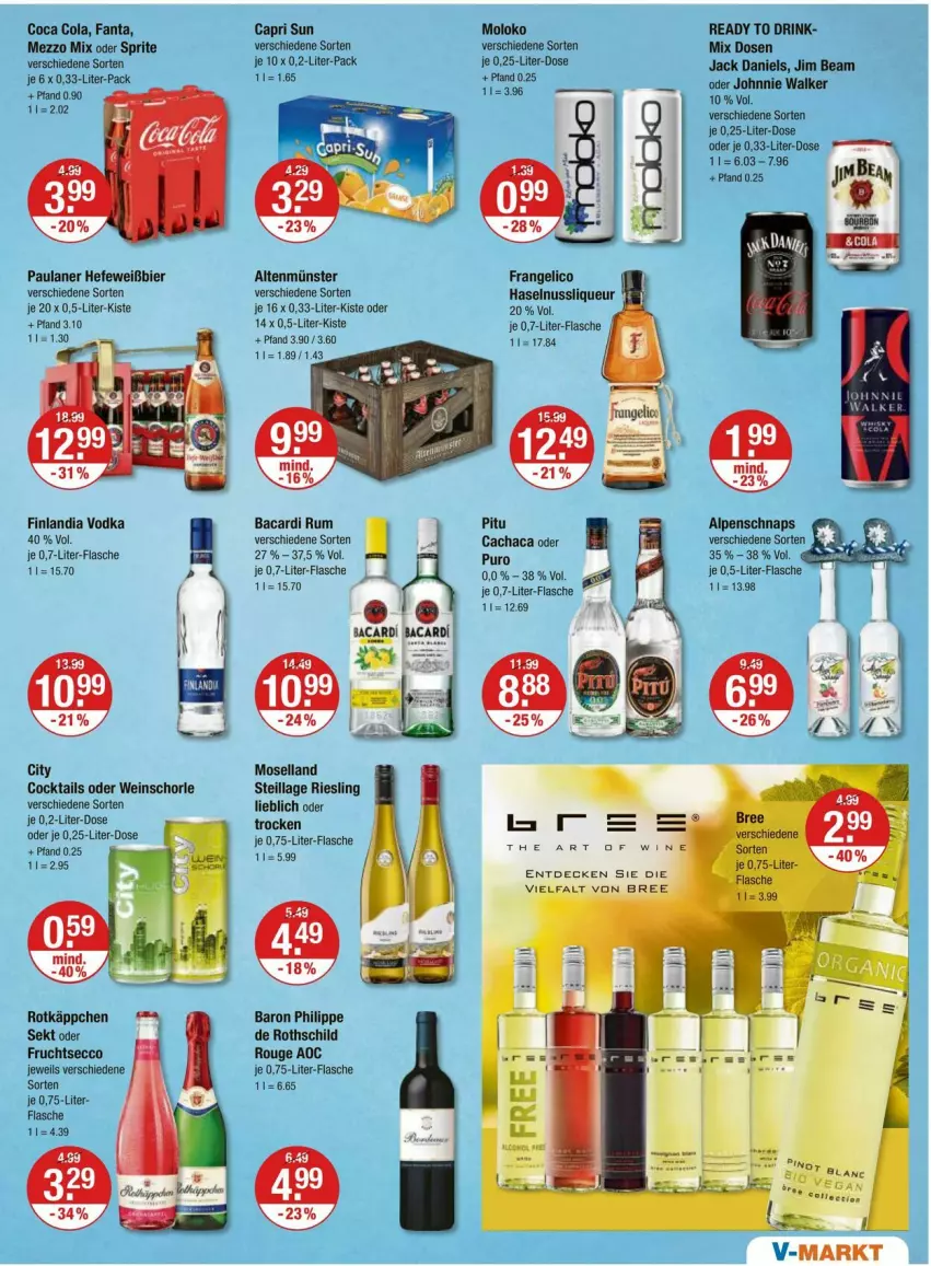 Aktueller Prospekt Vmarkt - Prospekte - von 11.09 bis 17.09.2025 - strona 9 - produkty: Altenmünster, bacardi, bacardi rum, bier, bree, Cachaca, Cap, cocktail, cocktails, cola, decke, drink, ecco, fanta, flasche, frangelico, frucht, fruchtsecco, haselnuss, Hefe, jack daniel, jack daniels, jim beam, johnnie walker, liqueur, Mezzo Mix, moselland, nuss, oder sprite, Paula, paulaner, riesling, rotkäppchen, rouge, rum, schorle, sekt, sprite, vodka, wein, weinschorle