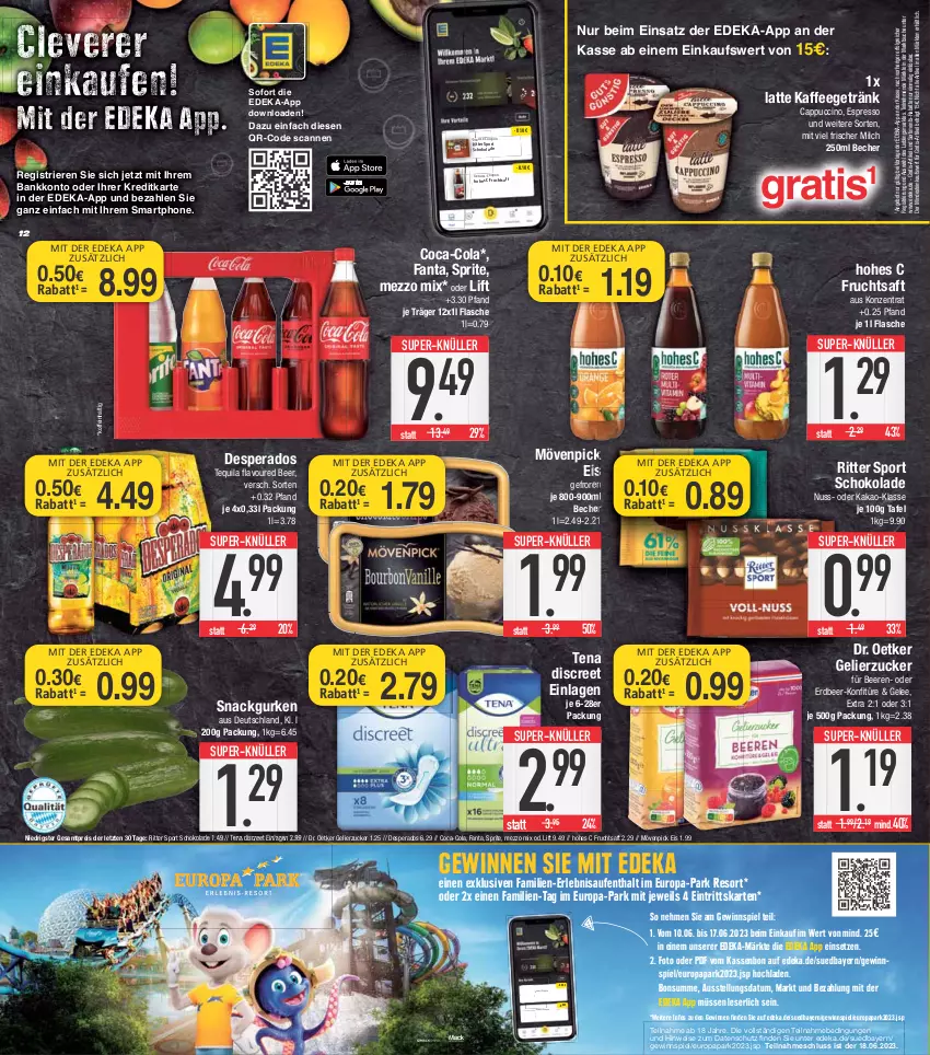 Aktueller Prospekt E Center - Angebote der Woche - von 12.06 bis 17.06.2023 - strona 12 - produkty: angebot, Bank, Becher, beere, beeren, Cap, cappuccino, cin, coca-cola, cola, coupon, deka, desperados, Discreet, Dr. Oetker, eis, ente, espresso, fanta, flasche, frucht, fruchtsaft, gelee, gelierzucker, getränk, gewinnspiel, gurke, gurken, Hohes C, K2, kaffee, kakao, konfitüre, latte, LG, Mezzo Mix, milch, mövenpick, mövenpick eis, nuss, reis, ritter, ritter sport, saft, schoko, schokolade, smartphone, snack, Sport, sprite, super-knüller, tequila, Ti, ZTE, zucker