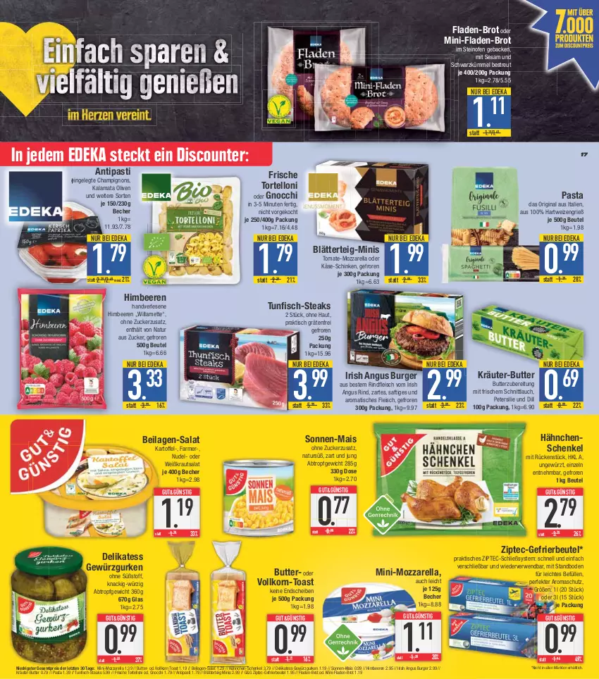 Aktueller Prospekt E Center - Angebote der Woche - von 12.06 bis 17.06.2023 - strona 17 - produkty: antipasti, asti, Becher, beere, beeren, beutel, blätterteig, brot, burger, butter, champignon, champignons, deka, discount, eis, fisch, fleisch, geback, gefrierbeutel, gewürz, Gewürzgurke, gewürzgurken, gin, gnocchi, gurke, gurken, hähnchen-schenkel, hähnchenschenkel, hartweizen, henkel, himbeer, himbeere, himbeeren, ilag, kartoffel, Käse, korn, Kraut, kräuter, kräuter-butter, krautsalat, mais, Mett, mozzarella, natur, nudel, Ofen, olive, oliven, pasta, petersilie, reis, rel, rind, rindfleisch, rwe, saft, salat, schenkel, schinken, schnittlauch, sesam, steak, steaks, steinofen, Ti, tisch, toast, tomate, torte, tortelloni, ZTE, zucker