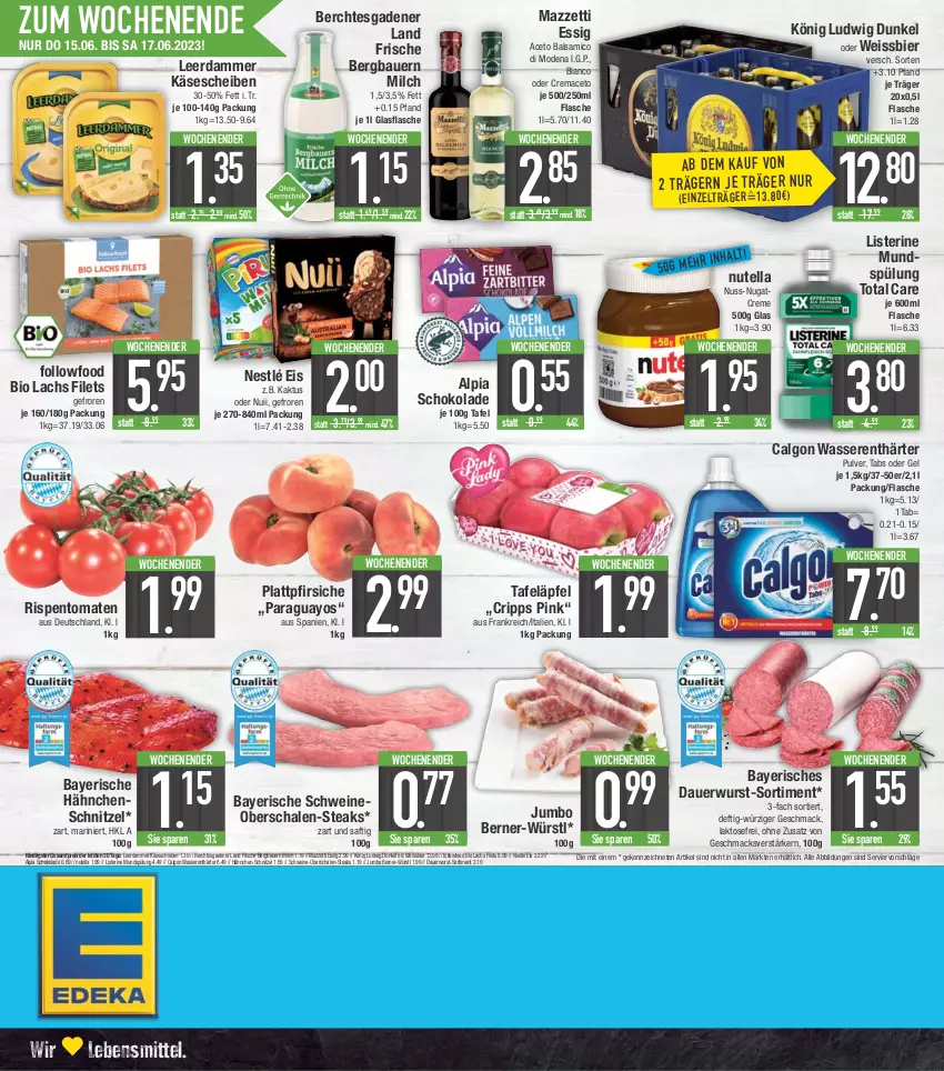 Aktueller Prospekt E Center - Angebote der Woche - von 12.06 bis 17.06.2023 - strona 20 - produkty: aceto, aceto balsamico, alpia, auer, balsam, balsamico, Bau, Bauer, bier, bio, calgon, creme, eis, essig, filet, filets, flasche, glasflasche, Hähnchenschnitzel, jumbo, Käse, käsescheiben, lachs, lebensmittel, leerdammer, LG, listerine, mac, milch, Mode, mundspülung, nestlé, nuii, nuss, nutella, paraguayos, pfirsich, pfirsiche, plattpfirsiche, reis, rispentomaten, saft, Schal, Schale, schnitzel, schoko, schokolade, schwein, schweine, Schweineoberschale, spülung, steak, steaks, tafeläpfel, Ti, tomate, tomaten, total care, wasser, wasserenthärter, wein, weine, weissbier, wurst, Yo, ZTE