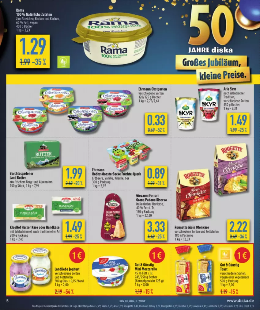 Aktueller Prospekt Diska - Prospekte - von 02.01 bis 06.01.2024 - strona 5 - produkty: arla, arla skyr, Becher, beere, butter, ehrmann, eis, elle, erdbeere, früchte, Garten, grana, grana padano, hartkäse, italienischer hartkäse, joghur, joghurt, Käse, kirsch, kirsche, landliebe, landliebe joghurt, leine, mam, monster, mozzarella, ndk, obst, obstgarten, Ofen, Ofenkäse, padano, quark, rama, Rana, reis, rel, riserva, robby, rouge, rougette, Skyr, Ti, toast, vanille, Vegeta