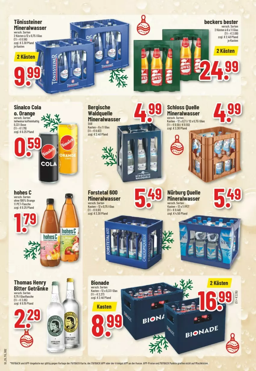 Aktueller Prospekt Trinkgut - Prospekte - von 14.12 bis 20.12.2025 - strona 2 - produkty: Alwa, angebot, angebote, Beckers Bester, bio, bionade, cola, eis, elle, flasche, Forstetal, getränk, getränke, Hohes C, LG, mineralwasser, orange, payback, pet-flasche, reifen, reis, sinalco, steiner, thomas henry, Ti, Waldquelle, wasser