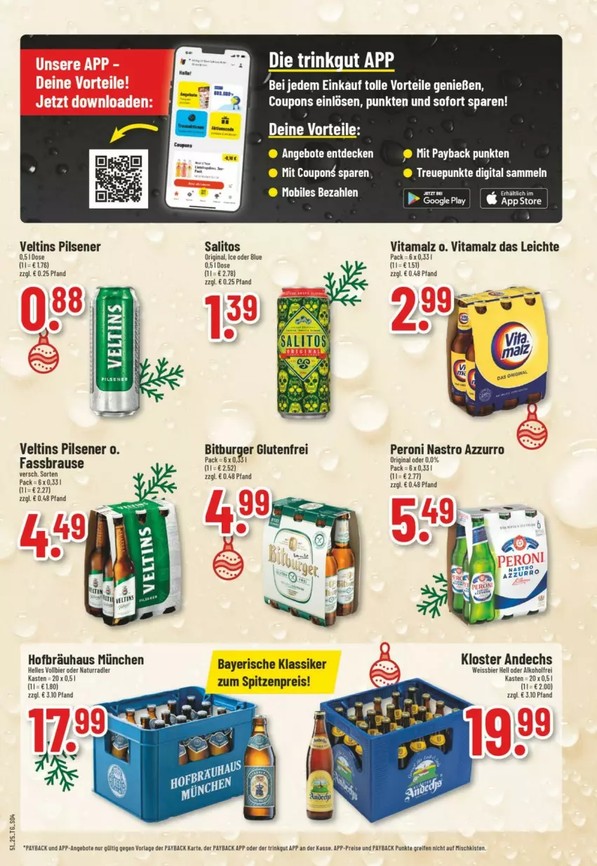 Aktueller Prospekt Trinkgut - Prospekte - von 14.12 bis 20.12.2025 - strona 6 - produkty: alkohol, angebot, angebote, bier, bitburger, brause, burger, coupon, coupons, decke, eis, elle, fassbrause, gin, Kloster Andechs, malz, natur, payback, Peroni, pils, pilsener, radler, reifen, reis, Ti, veltins, veltins pilsener, vita, vitamalz, weissbier