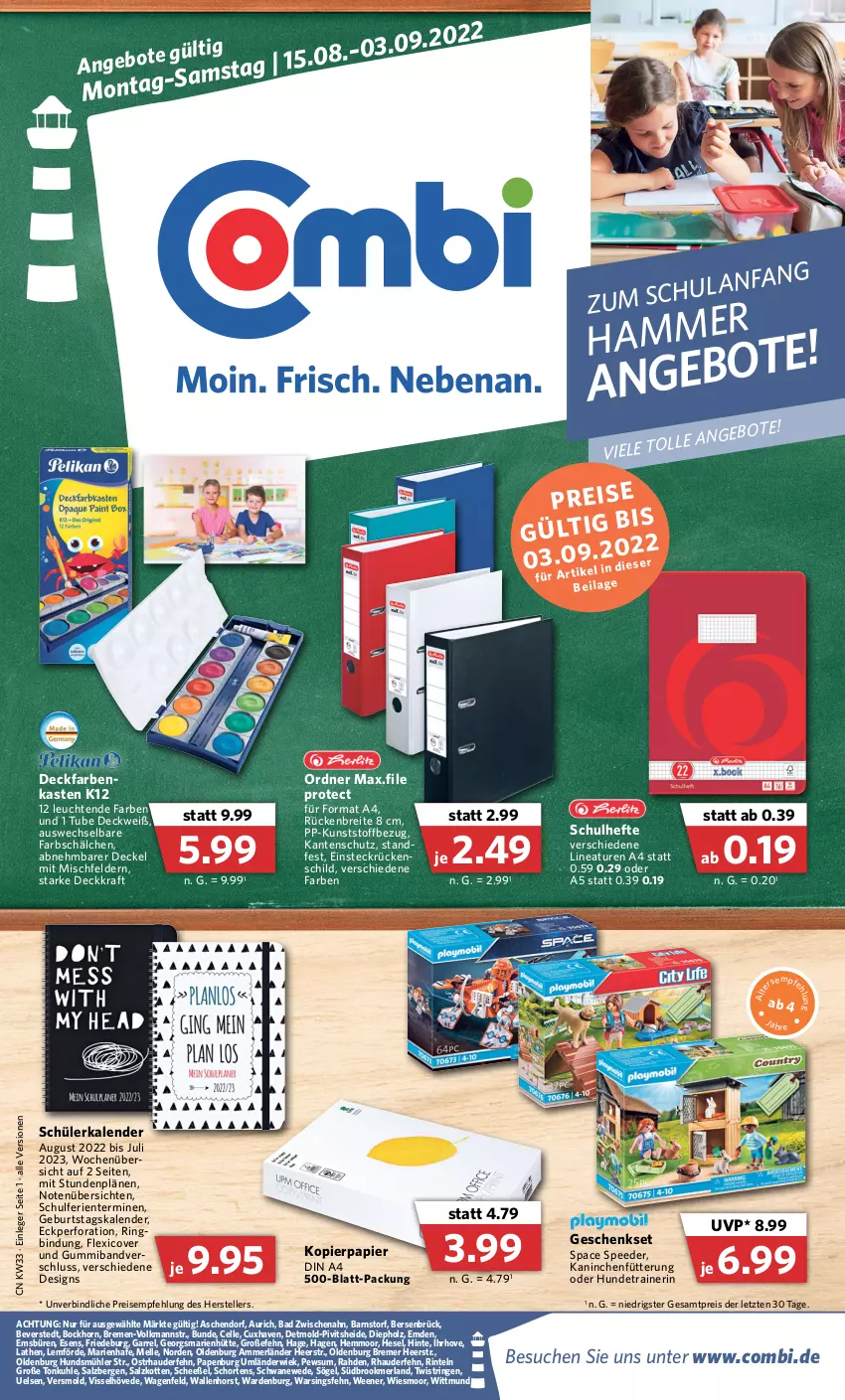 Aktueller Prospekt Combi - Prospekte - von 15.08 bis 03.09.2022 - strona 1 - produkty: ammerländer, Anew, Bad, Brei, decke, Deckel, din a4, eis, elle, ente, geschenkset, Hefte, Holz, Intel, kopierpapier, kraft, Leuchte, leuchten, merl, ordner, papier, reis, rel, ring, salz, spee, String, teller, Ti, ZTE