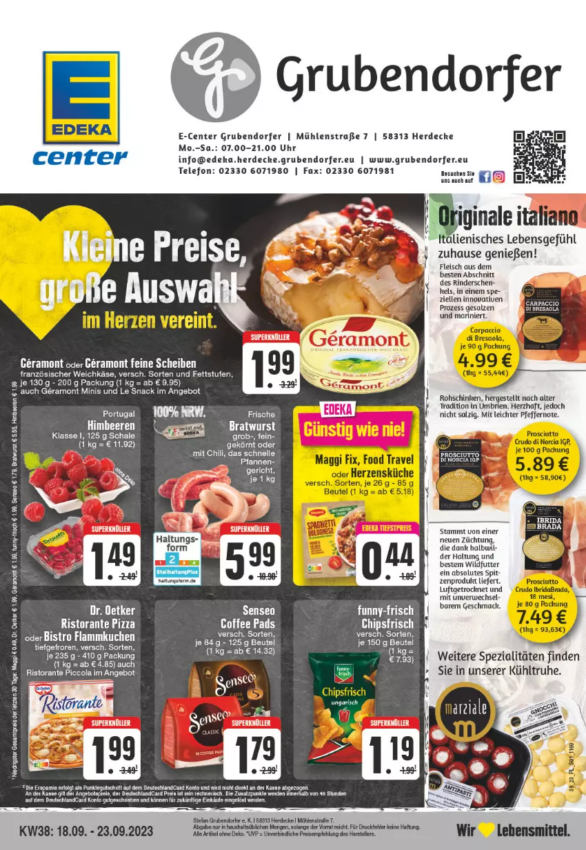 Aktueller Prospekt E Center - Angebote der Woche - von 18.09 bis 23.09.2023 - strona 1 - produkty: ACC, angebot, angebote, beere, beeren, beutel, bratwurst, Bresaola, brie, Carpaccio, chili, chips, chipsfrisch, cola, decke, deka, Dr. Oetker, eis, elle, ente, erde, flammkuchen, fleisch, französischer weichkäse, himbeer, himbeere, himbeeren, Käse, küche, kuchen, lamm, lebensmittel, LG, mac, maggi, maggi fix, pfeffer, pizza, prosciutto, prosciutto crudo, reis, resa, rind, rinder, ristorante, ristorante pizza, rohschinken, rwe, salz, Schal, Schale, schinken, senseo, snack, Spezi, tee, telefon, teller, Ti, uhr, weichkäse, Wild, wurst, ZTE