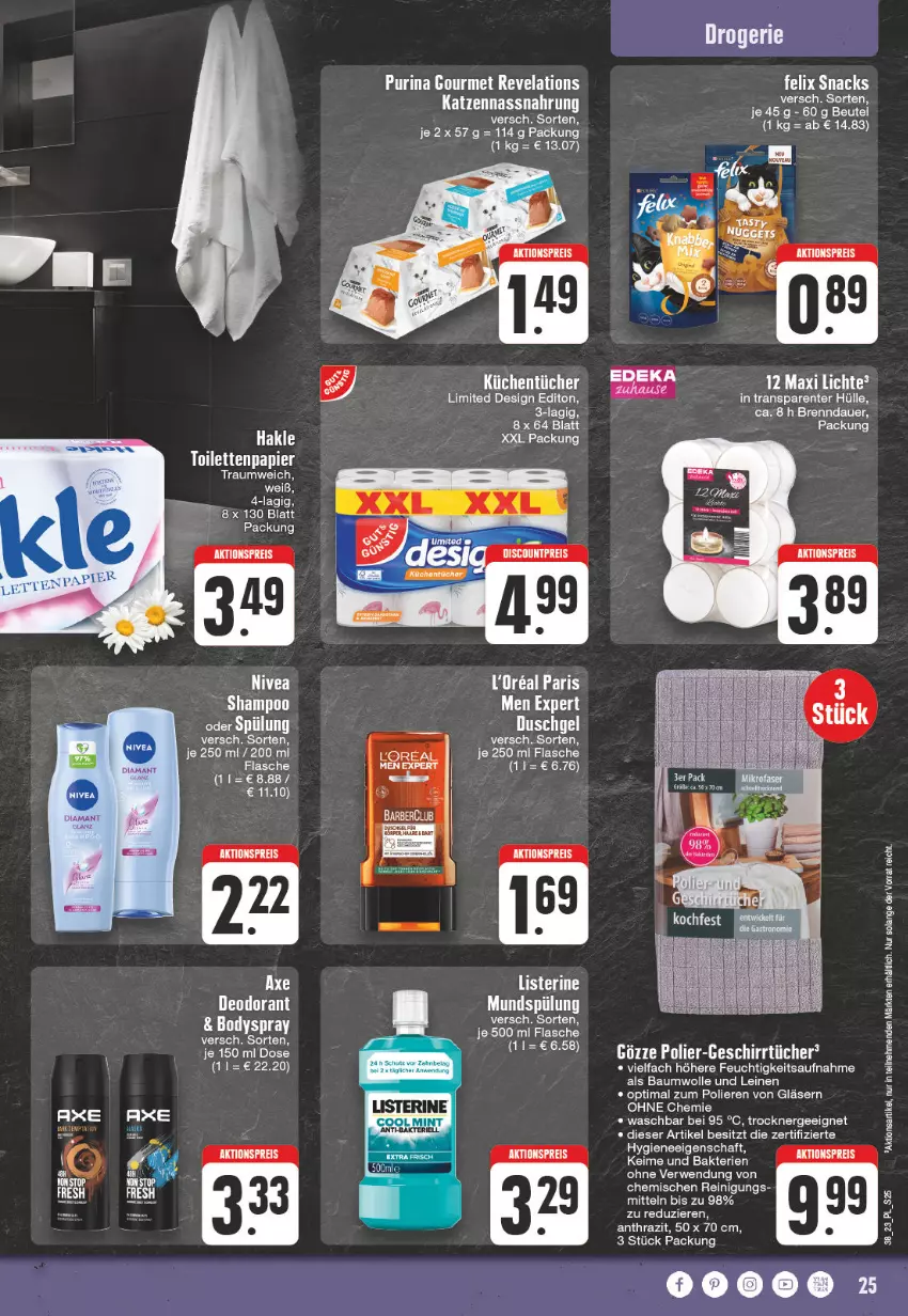 Aktueller Prospekt E Center - Angebote der Woche - von 18.09 bis 23.09.2023 - strona 25 - produkty: aktionspreis, auer, Bau, baumwolle, bier, Biere, body, bodyspray, duschgel, eis, Ergee, felix, flasche, Gläser, hakle, hakle toilettenpapier, leine, listerine, loreal, mint, mundspülung, Nassnahrung, nivea, papier, purina, Reinigung, reis, rwe, shampoo, snack, snacks, spülung, tee, Ti, toilettenpapier, Trockner, wolle