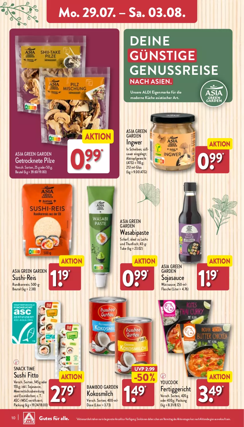 Aktueller Prospekt Aldi Nord - Von Montag - von 29.07 bis 03.08.2024 - strona 10 - produkty: aldi, Asia Green Garden, auer, bamboo, beutel, eis, fertiggericht, fisch, flasche, gin, ingwer, kokos, kokosmilch, korn, küche, lachs, meerrettich, milch, Mode, ndk, nuss, pilze, reis, Rettich, sauce, snack, snack time, soja, sojasauce, Sushi, thunfisch, Ti, tisch, wasa, würzsauce, Yo, YouCook, ZTE